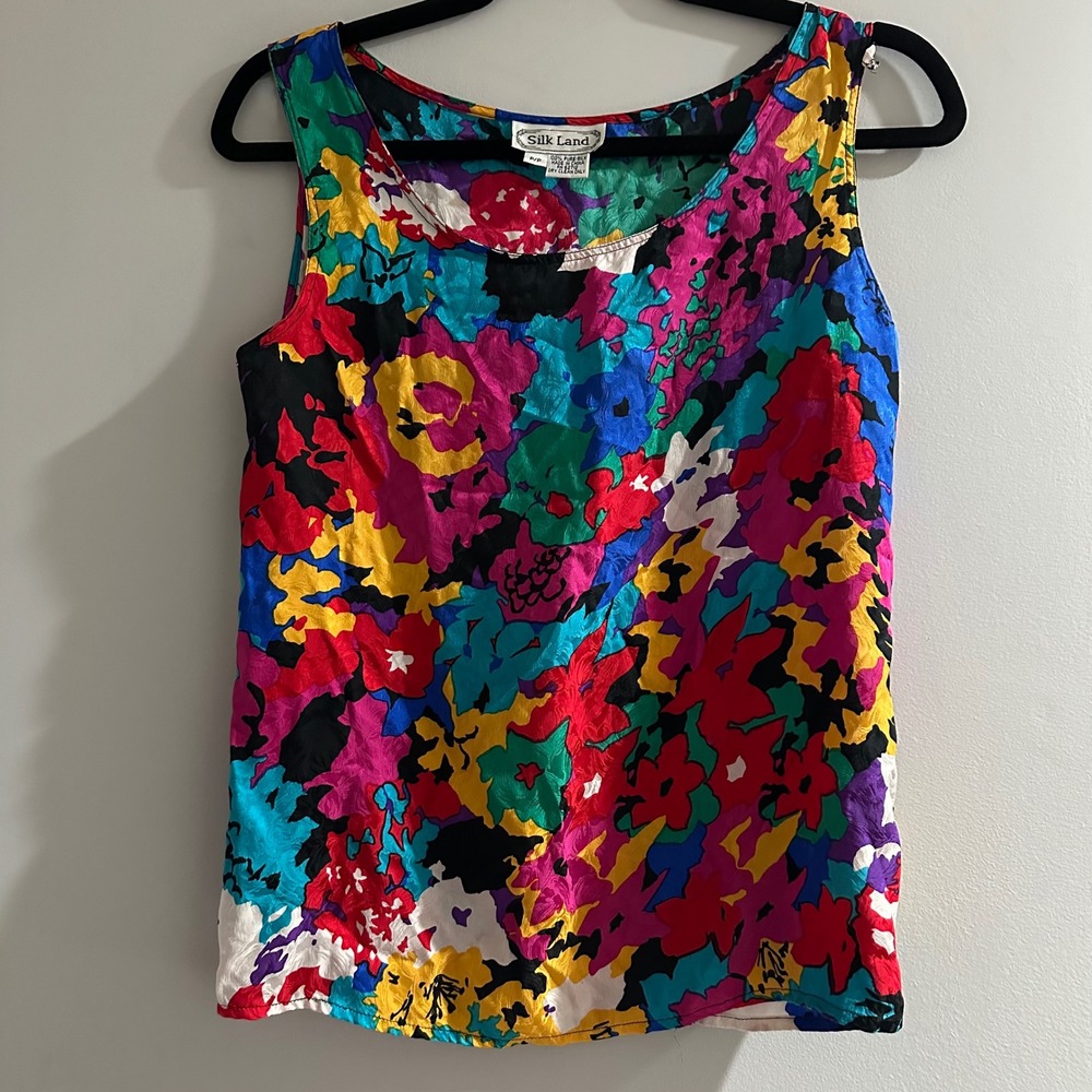 Silk Land 100% Pure Silk Tank Top Floral Print P/P Women Bright Funky Unique‎